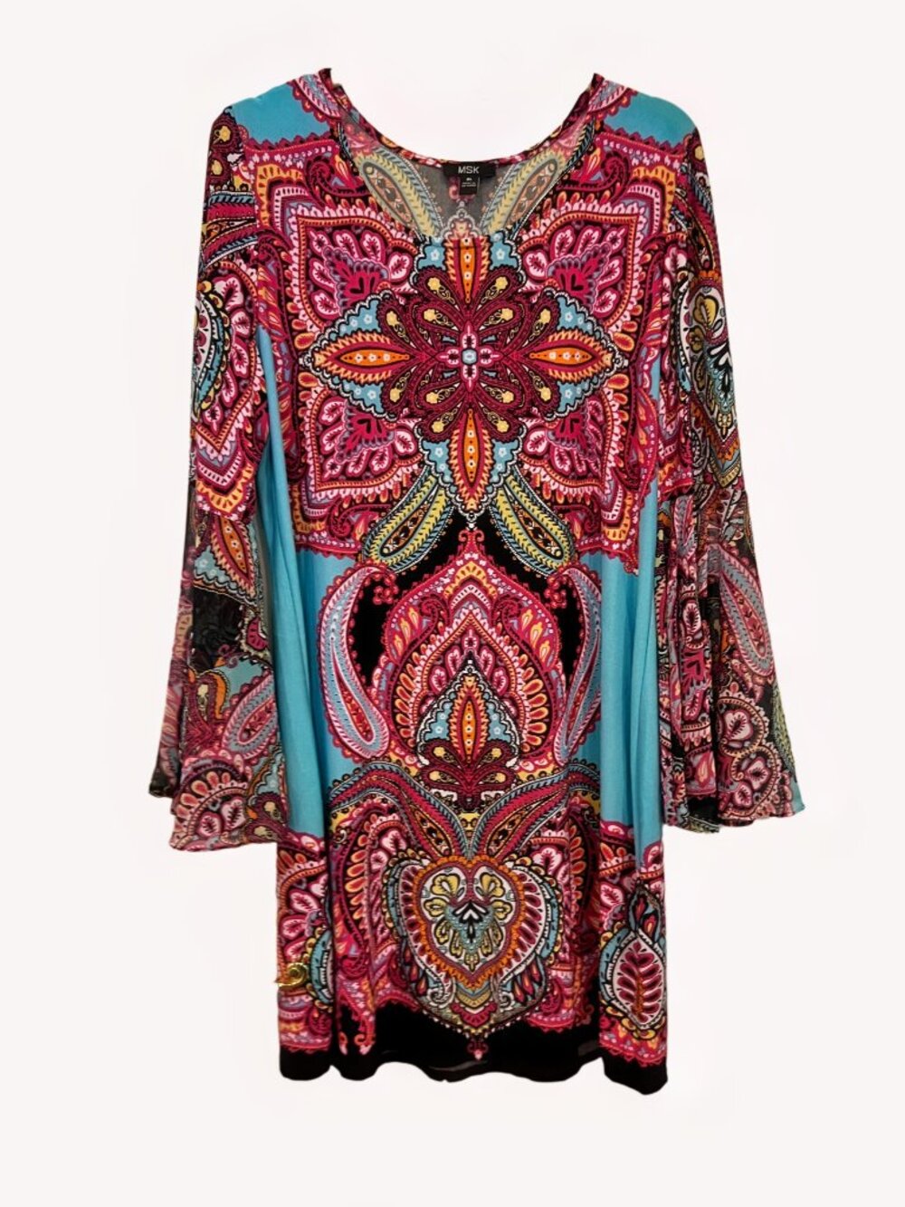 MSK Teal and Pink Paisley Bell-Sleeve Dress
